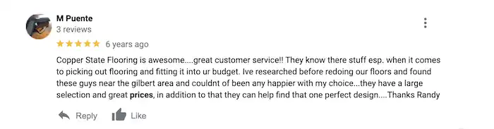 Copper State Flooring Review from M Puente Google Reviews