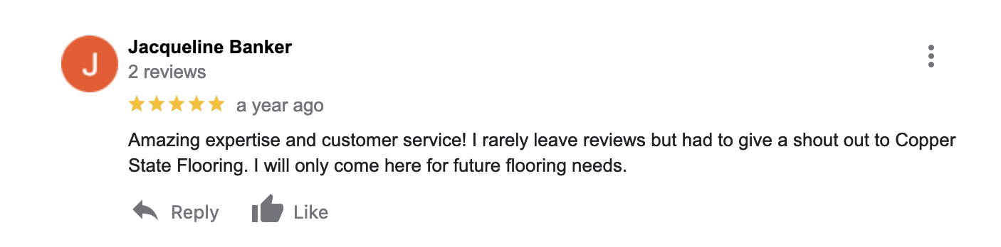 Copper State Flooring Review from J. Banker Google Review