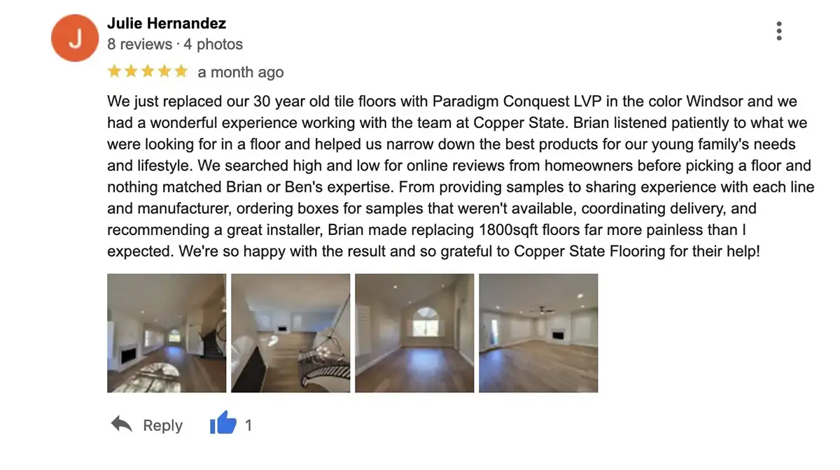 Copper State Floors 5 Star Google Review 