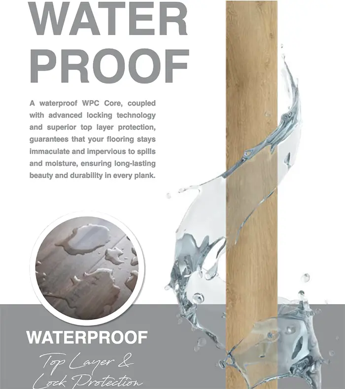 A waterproof WPC Core, coupled with advanced locking technology and superior top layer protection, guarantees that your flooring stays immaculate and impervious to spills and moisture, ensuring long-lasting beauty and durability in every plank.